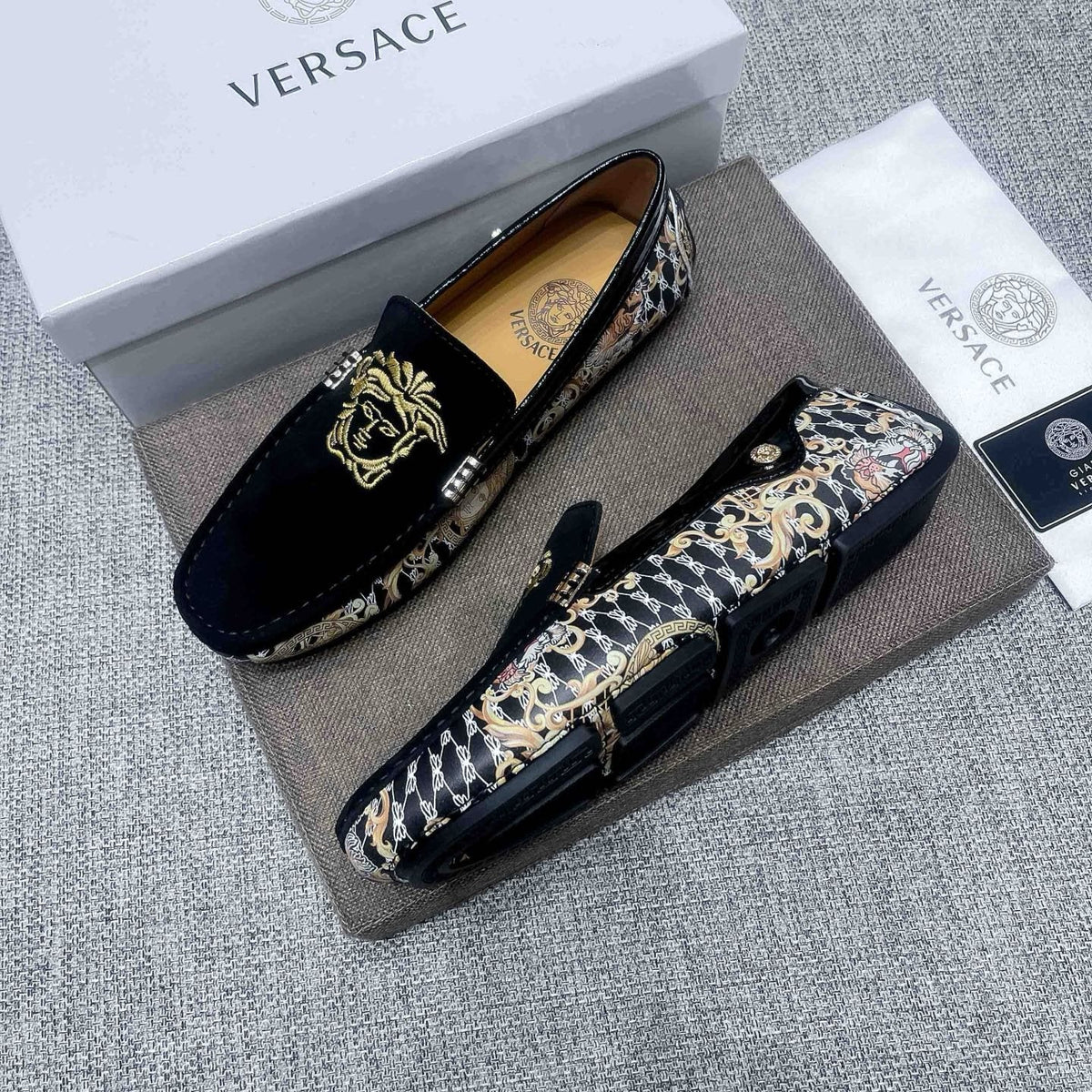Versace Black Patterned Side Loafers — side