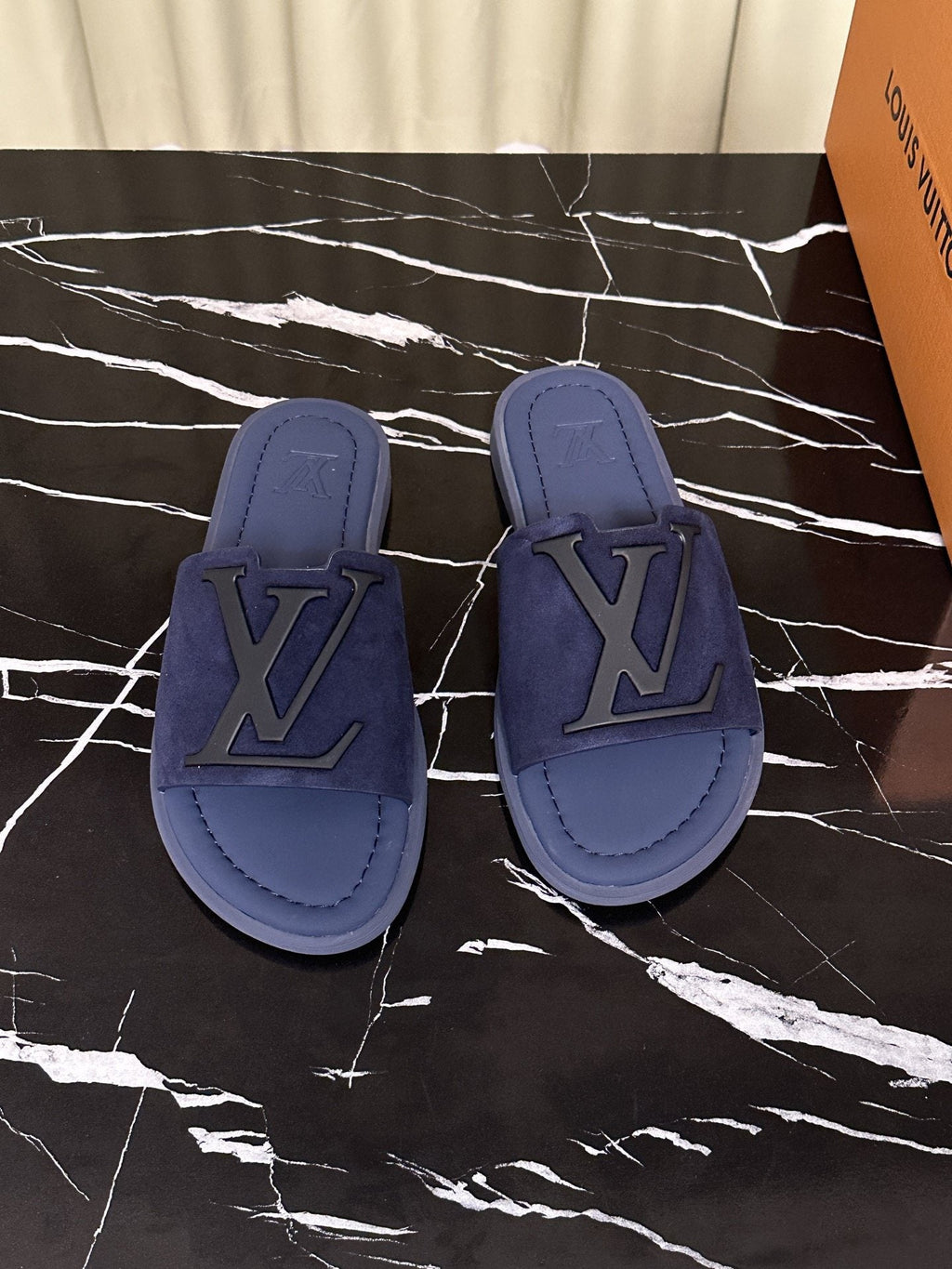 Louis Vuitton Navy Blue Logo Slide Sandals — hero