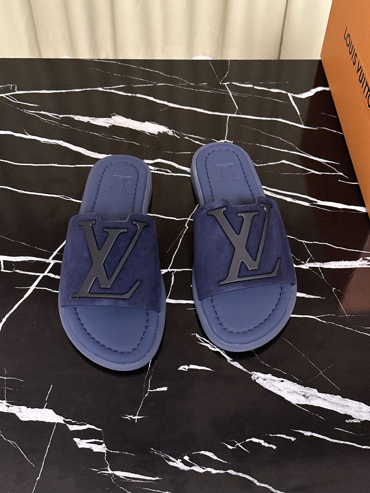 Louis Vuitton Navy Blue Logo Slide Sandals — hero
