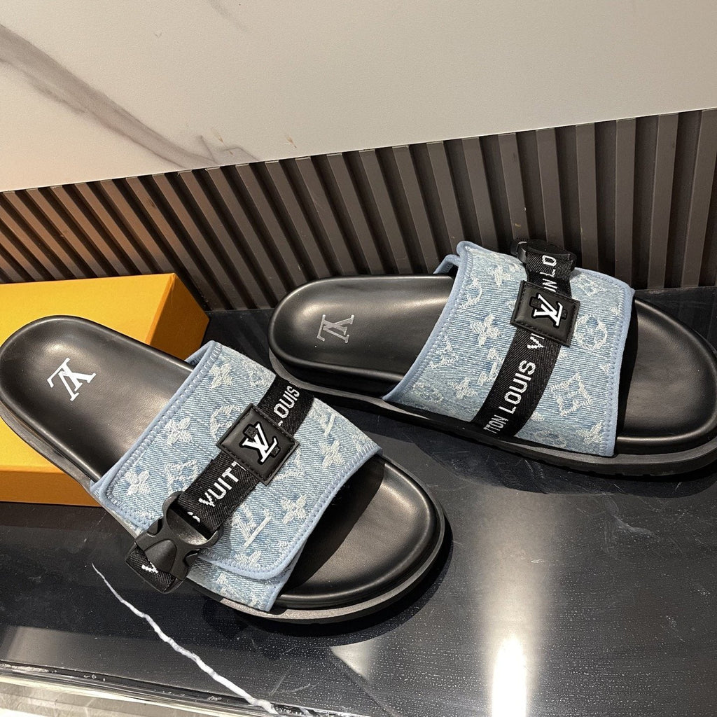Louis Vuitton Light Blue and Black Slide Sandals — side