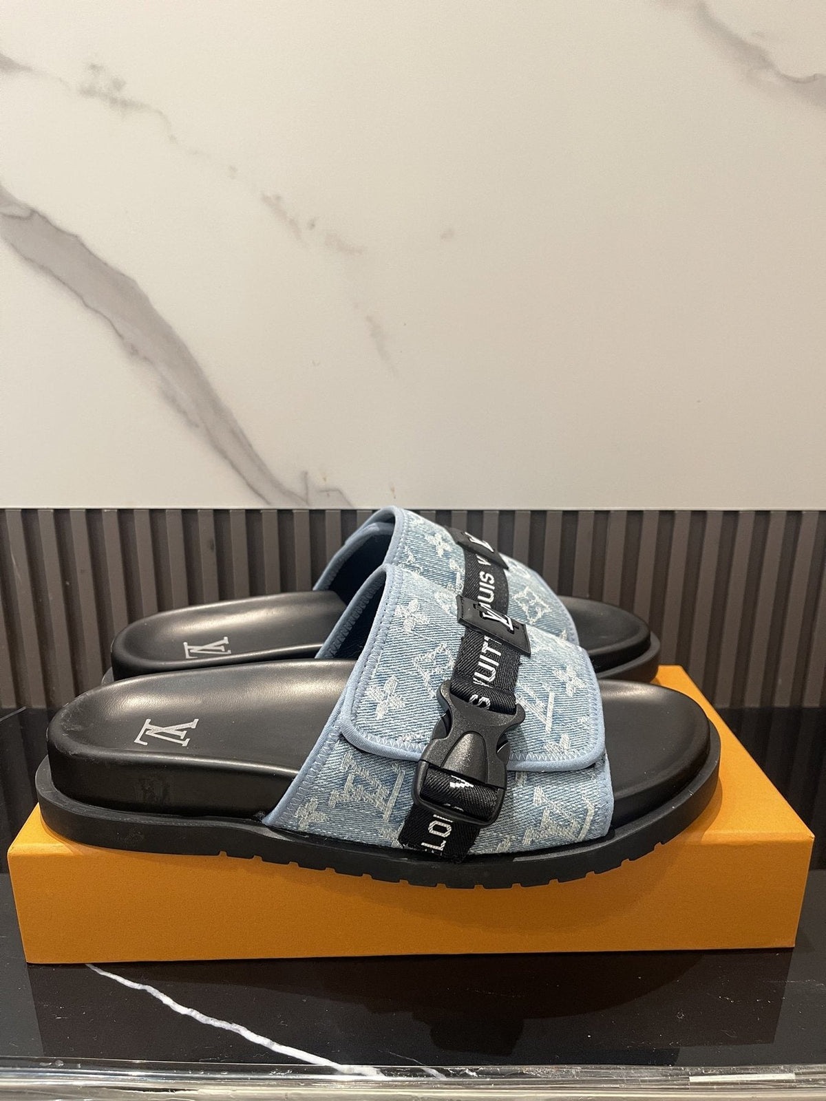 Louis Vuitton Light Blue and Black Slide Sandals — side