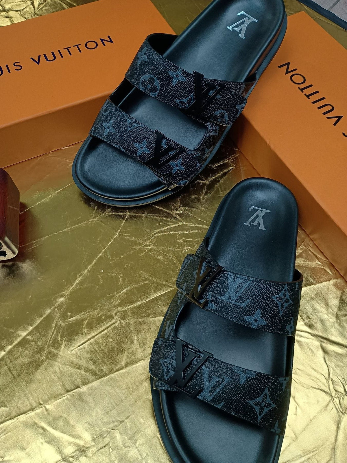 Louis Vuitton Dark Gray Monogram Slide Sandals — side