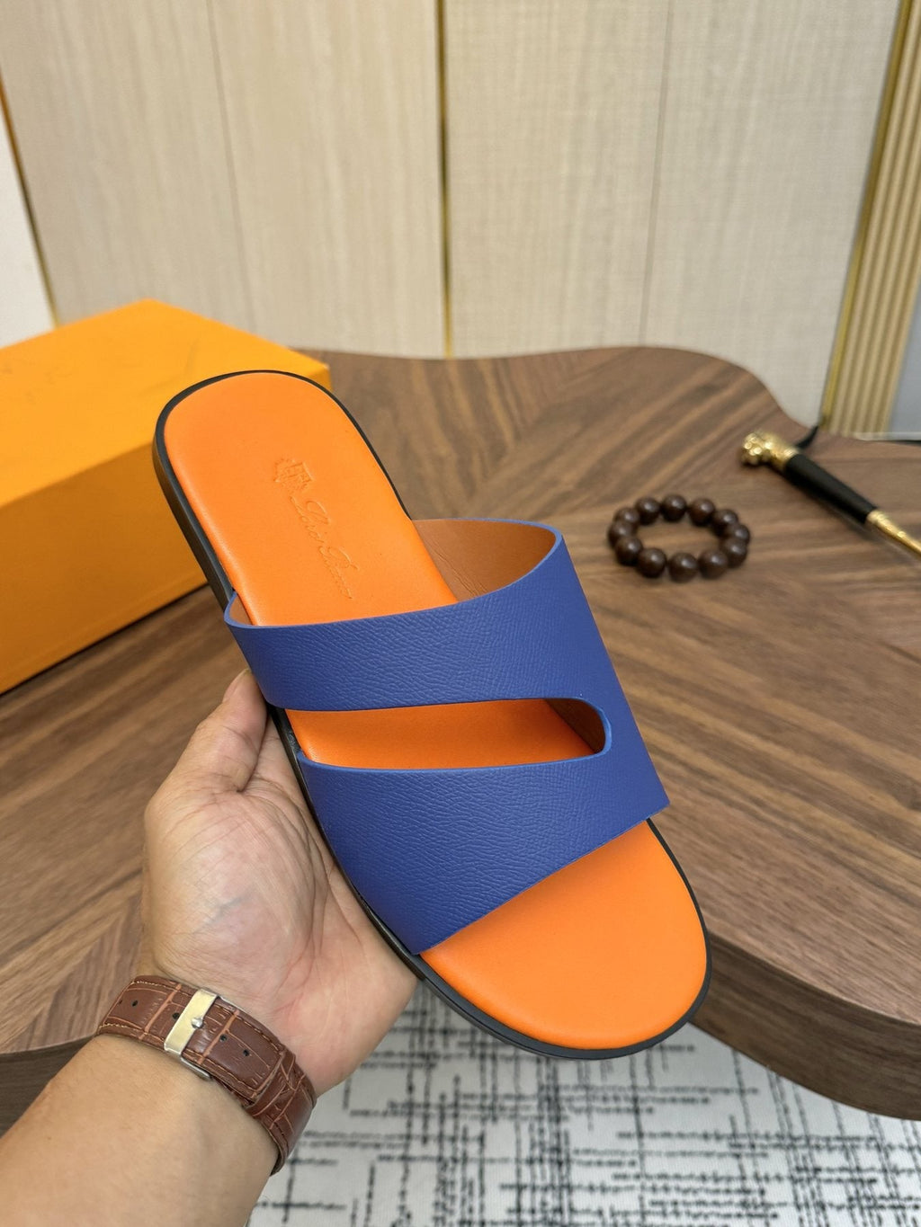 Loro Piana Blue and Orange Slide Sandals — model