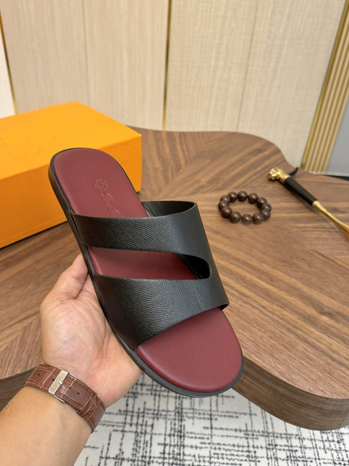 Loro Piana Black and Burgundy Slide Sandals — detail