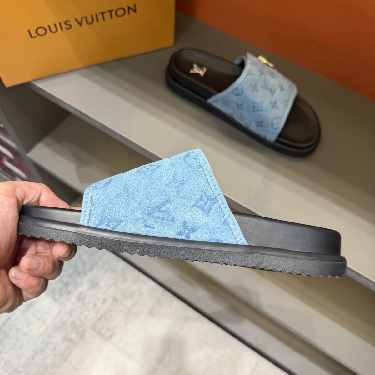 Louis Vuitton Light Blue Zip-Accent Slide Sandals — side