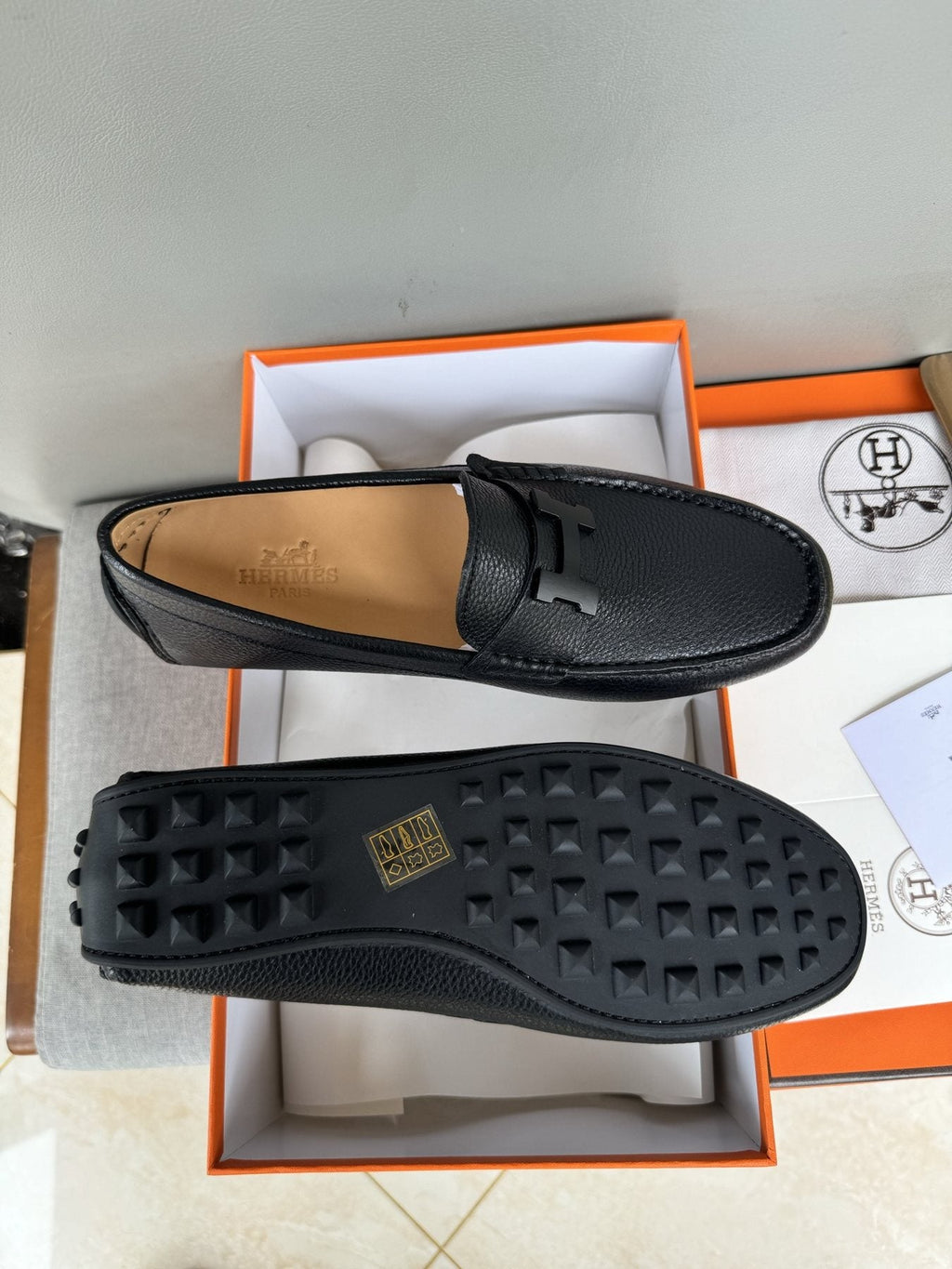 Hermès Black H-Hardware Loafers — side