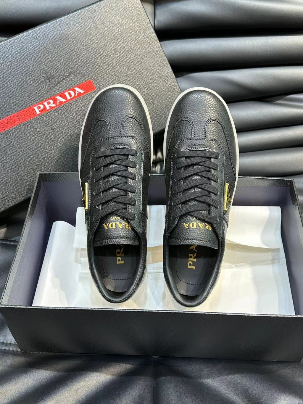 Prada Black Leather Low-Top Sneakers — front