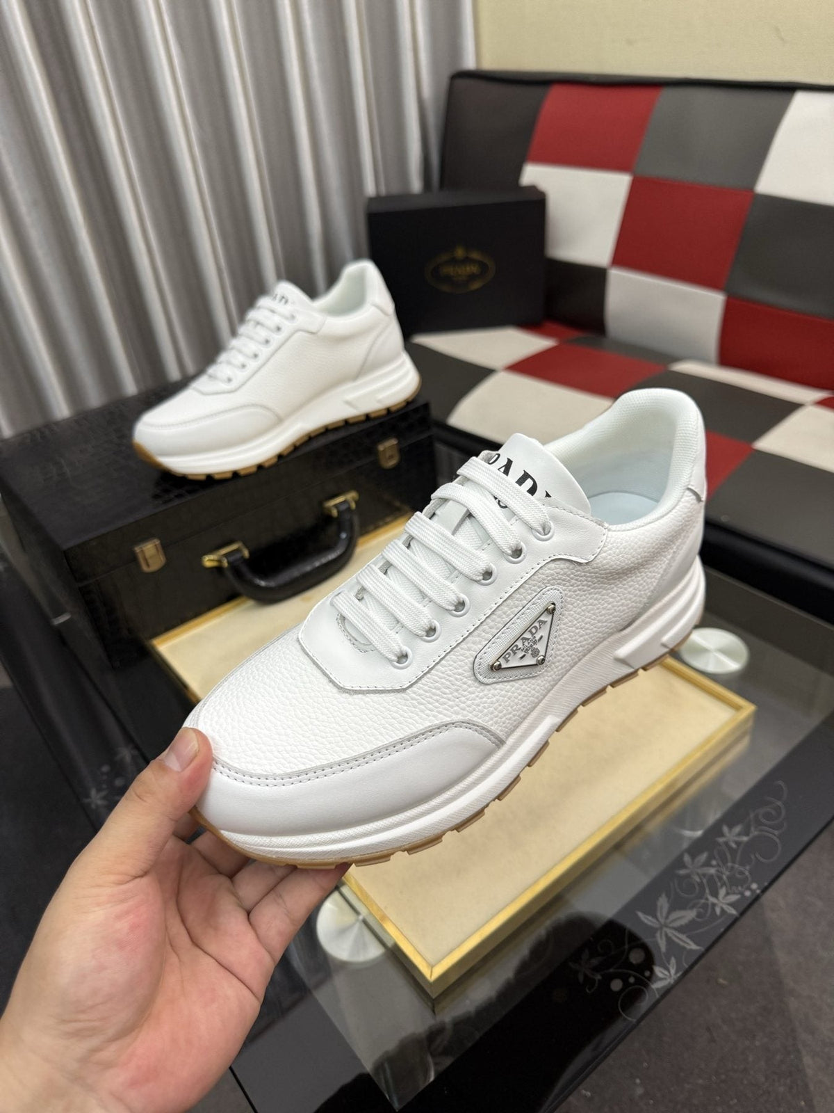 Prada Triangle Badge Low-Top Sneakers — detail